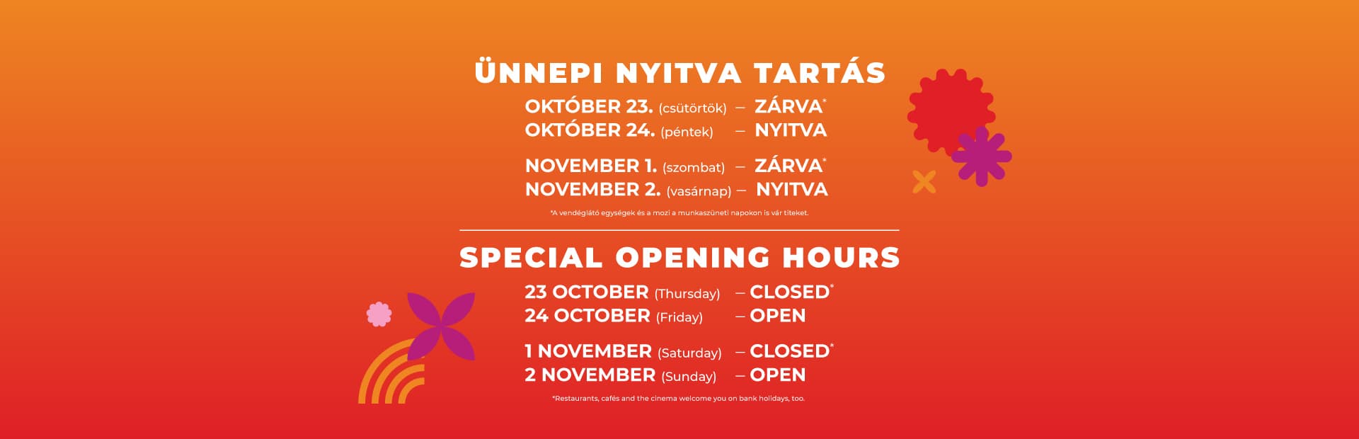 Őszi ünnepi nyitvatartás